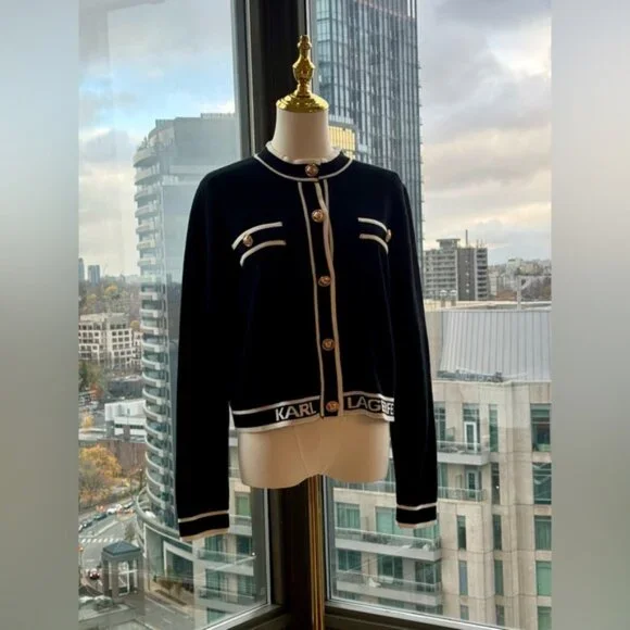 🆕 KARL LAGERFELD 🧿 NWT Classic Cardigan with Logo Embroidery & Buttons, Sz M - Picture 3 of 13